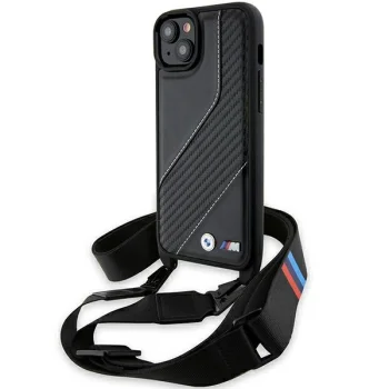 BMW M Edition Carbon Stripe & Strap vāciņš iPhone 15 Plus / 14 Plus ar siksniņu, melns