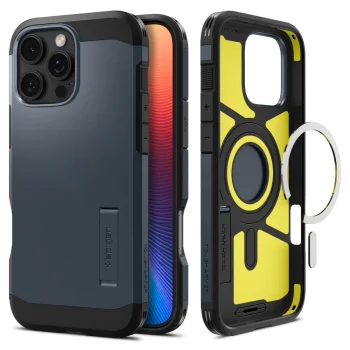 Spigen iPhone 16 Pro vāciņš Tough Armor MagSafe ar statīvu, tumši pelēks
