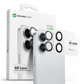 AmazingThing kameras aizsargstikls iPhone 17 ar melnu alumīnija rāmi