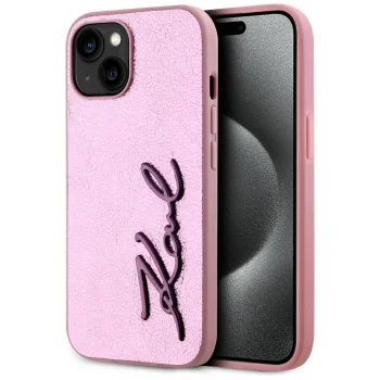 Karl Lagerfeld Wrinkled Metal Signature iPhone 15 vāciņš, rozā