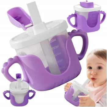 Bērnu krūzīte ar silikona rokturiem un salmiņu, 300 ml, violeta