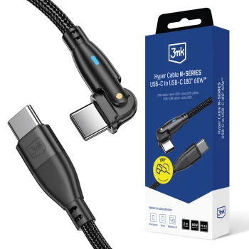 3mk Hyper Cable N-SERIES USB-C / USB-C kabelis 2m 60W 180°, melns