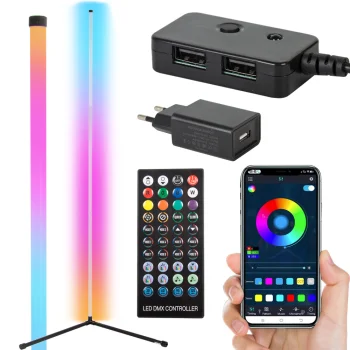RGB LED stūra grīdas lampa ar lietotnes un pults vadību, 150 cm, melna