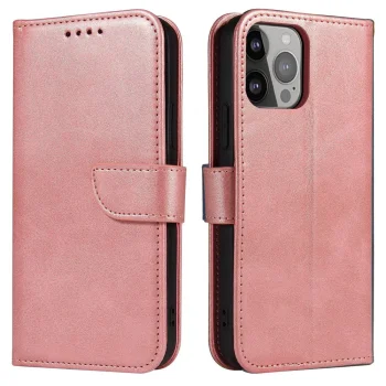 Atverams vāciņš iPhone 15 Plus Magnet Case ar statīvu un karšu kabatām, rozā