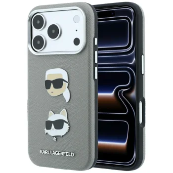Karl Lagerfeld vāciņš Saffiano Karl & Choupette priekš iPhone 18 Pro Max / 17 Pro Max, pelēks