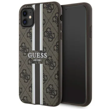 Guess iPhone 11 / XR vāciņš 4G Printed Stripes MagSafe, brūns