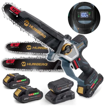 Akumulatora ķēdes zāģis Humberg HM-437, 850 W, 2x 2.0 Ah, ar 8" un 10" sliedēm un koferi