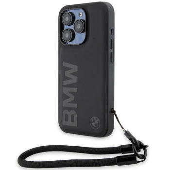 BMW Signature Leather Wordmark Cord vāciņš iPhone 15 Pro Max 6.7", melns