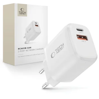 Tech-Protect NCA65W-GAN 65W 2 portu sienas lādētājs, balts