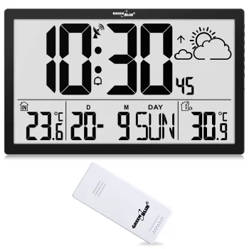 GreenBlue GB218 liels LCD sienas pulkstenis ar termometru