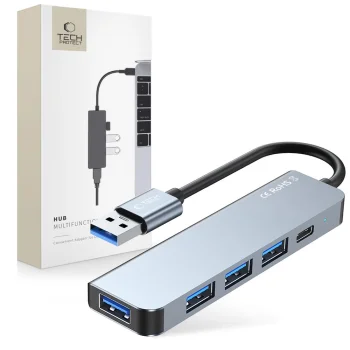 Tech-Protect V0 5-in-1 USB-A sadalītājs (USB 3.0 / 3x USB 2.0 / USB-C) - Pelēks