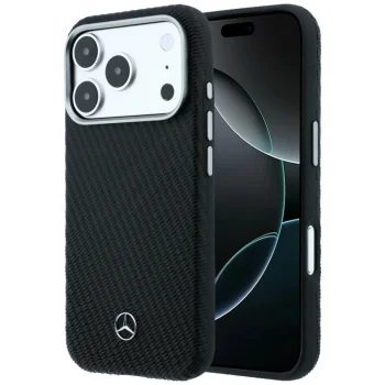 Mercedes Leather Semi Wrap Wood Effect MagSafe vāciņš iPhone 17 Pro, Melns