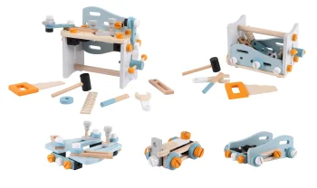 Ecotoys 1182N WHITE koka instrumentu galds un konstruktors bērniem, 52 detaļas