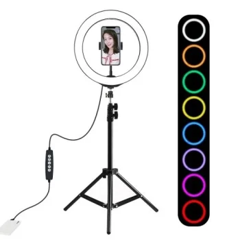 Puluz gredzenveida riņķis LED gaismas lampa RGBW, komplekts ar statīvu un turētāju telefonam 1.10m USB | Vlogging...