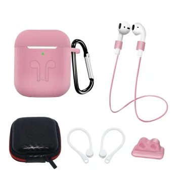 AirPods 2 / AirPods 1 silikona maciņu un aksesuāru komplekts ar karabīni, rozā