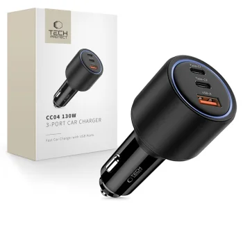 Auto lādētājs Tech-Protect CC04 PD130W, 2x USB-C / 1x USB-A, melns
