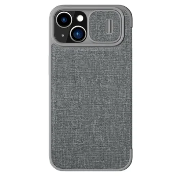 Atverams vāciņš Nillkin Qin Cloth Pro Case, iPhone 14 Plus, ar kameras aizsegu, pelēks