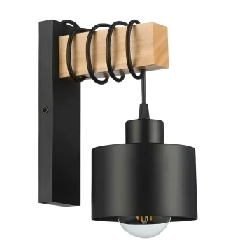 Koka LED sienas lampa industriālā loft stilā guļamistabai, melna un koka