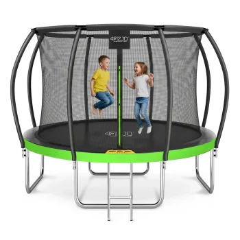 4FIZJO PRO dārza batuts bērniem ar tīklu un kāpnēm 374 cm 12FT, zaļš/melns
