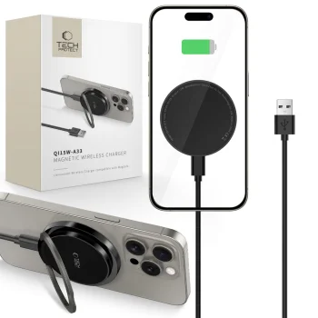 Tech-Protect QI15W-A33 bezvadu lādētājs ar MagSafe un statīvu, melns