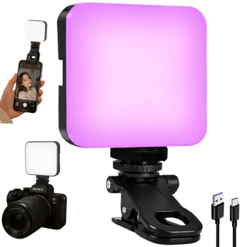 Mini RGB LED lampa foto un video, 3000K-6500K, 5.5W, ar klipsi un 1/4" vītni, melna