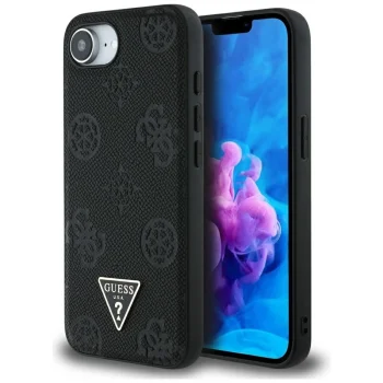 Guess Grained Hot Stamp Peony Triangle Logo MagSafe vāciņš iPhone 16e, Melns