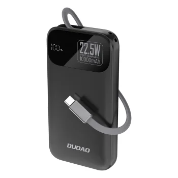 Dudao K31 ārējais akumulators 10000 mAh 22.5W ar iebūvētu USB-C kabeli, melns