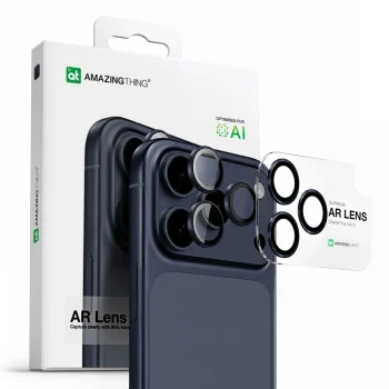AmazingThing iPhone 17 Pro / 17 Pro Max kameras aizsargstikls ar zilu alumīnija rāmi
