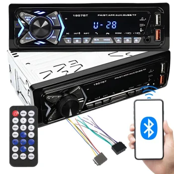 1 DIN auto radio ar Bluetooth, 2x USB, AUX, SD un tālvadības pulti