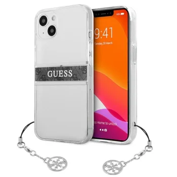 Guess iPhone 13 mini vāciņš 4G Gray Strap Charm, caurspīdīgs