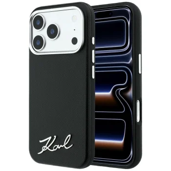 Karl Lagerfeld Saffiano Small Script Metal vāciņš iPhone 17/18 Pro Max, melns