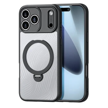 Dux Ducis Aimo Mag vāciņš priekš iPhone 17 Pro ar magnētisko gredzenu un statīvu, melns