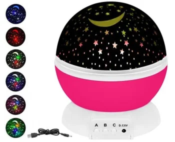 Rotējoša Bērnu Nakts Lampa Gaismeklis Zvaigžņu Debesu Projektors uz Baterijām, Rozā | Rotating Kids Bedside Lamp...