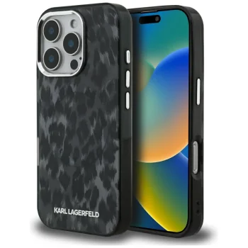 Karl Lagerfeld IML Leopard Pattern MagSafe vāciņš iPhone 16 Pro Max, melns