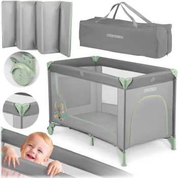 Ricokids RK-240 Ceļojumu Gultiņa ar Matraci un Somu, Pelēka/Mētras