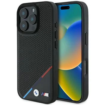 BMW M Perforated Tricolor Line MagSafe vāciņš iPhone 16 Pro, melns