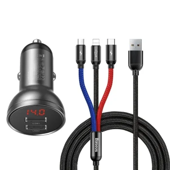 Baseus 2x USB 4.8A 24W auto lādētājs ar LCD + 3in1 kabelis 1.2m, melns