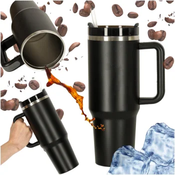 Termokrūze ar salmiņu un rokturi, 1200 ml, Melna