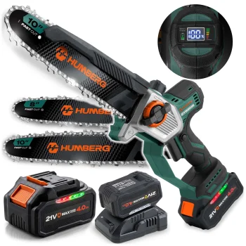 Akumulatora ķēdes zāģis Humberg HM-437, 21 V, 4.0 Ah, 850 W, ar 10" un 8" sliedēm un koferi