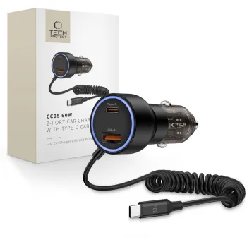 Auto lādētājs Tech-Protect CC05 2-Port PD 60W ar USB-C kabeli, melns