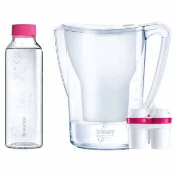 BWT AQUAlizer Home 2.6 l ūdens filtra krūze ar 750 ml stikla pudeli, rozā