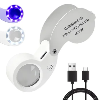 Juvelieru lupa 60x palielināmais stikls ar LED UV gaismu USB-C, sudraba