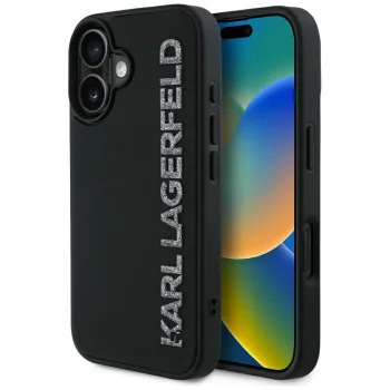 Karl Lagerfeld HC 3D Rubber Elongated Glitter iPhone 16 vāciņš, melns