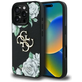 Guess Grained Roses Big 4G logo telefona vāciņš priekš iPhone 16 Pro 6.3", melns