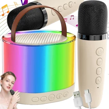 Pārnēsājams karaoke komplekts ar 2 bezvadu mikrofoniem un RGB Bluetooth skaļruni