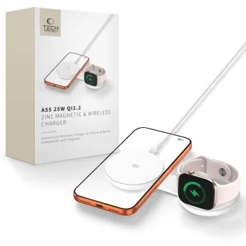 Tech-Protect A55 2in1 MagSafe 25W Qi2.2 bezvadu lādētājs un USB-C kabelis 100 cm, balts