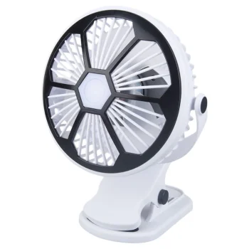 Galda ventilators ar klipsi un LED lampu, 3 režīmi, uzlādējams, balts/melns