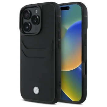 BMW Sign Leather Cardslot vāciņš iPhone 16 Pro Max ar kartes kabatiņu, melns