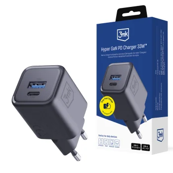 3mk Hyper GaN PD 33W sienas lādētājs, USB-C/USB-A, melns