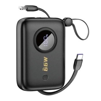 Dudao K14 ārējais akumulators 10000 mAh ar USB-C un Lightning kabeļiem, melns